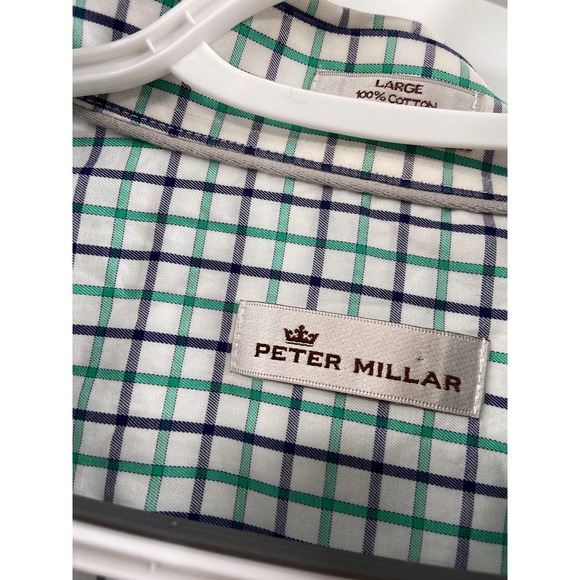Peter Millar White Green Blue Striped Plaid Cotton Long Sleeve Button Down Shirt - Picture 5 of 6